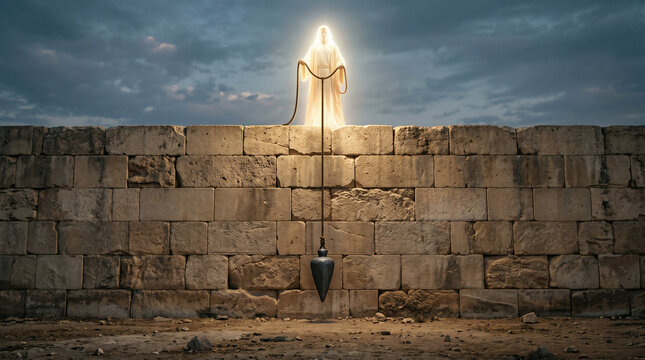Amos 7, The Lord standing by a wall that has been built true to plumb, with a heavy lead plumb line in his hand