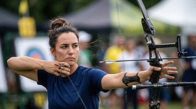 Concentrated archer taking aim at a target during an outdoor competition surrounded by vibrant greenery
