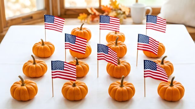 Children in costumes holding small American flags and pumpkins in a festive setting with natural light