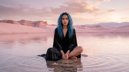 Fototapeta premium lovely female blue hair black robe seated shallow lake soft pink desert surreal fashion image soft cinematic illumination 