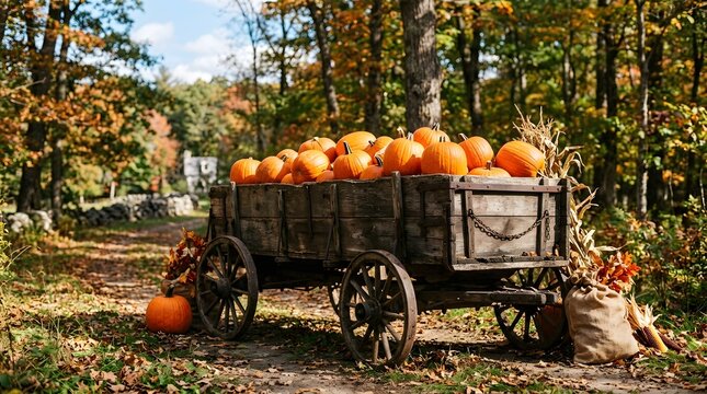 Vintage wooden cart filled with pumpkins in an autumn park setting