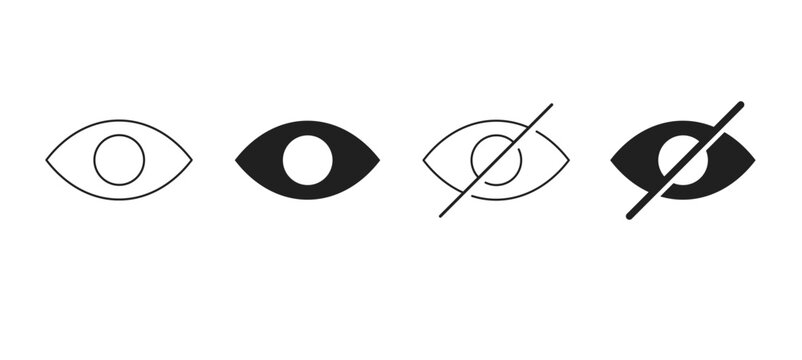 Set of eye icons, outline and solid style, visible and hidden status, vector illustration