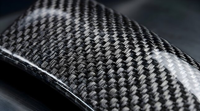 High-detail close-up of a glossy carbon fiber weave highlighting the woven pattern, texture and reflective finish of a lightweight composite material used in automotive and aerospace.
