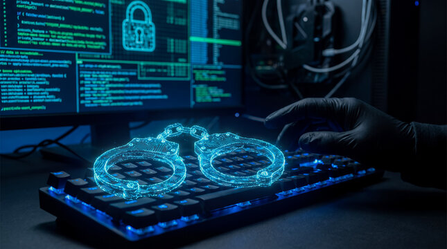 Digital handcuffs glowing above a keyboard in a dark cybersecurity environment.