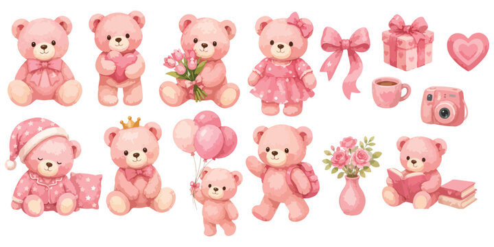 Watercolor Pink Teddy Bear Cute Character Collection Isolated on White Background