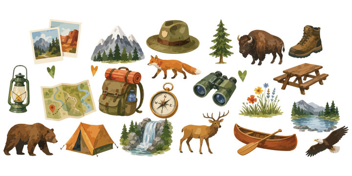 Watercolor Outdoor Camping Hiking and Wildlife Adventure Set Isolated on White Background