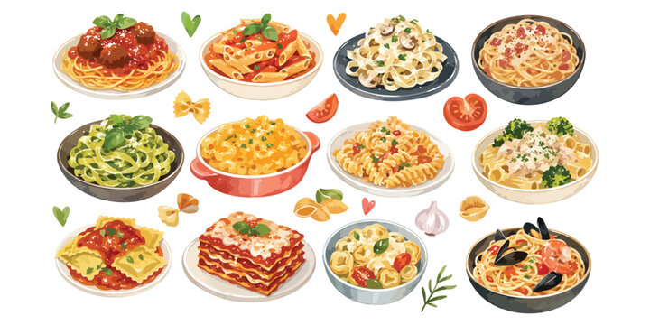 Watercolor Delicious Italian Pasta Dishes and Ingredients Collection Isolated on White Background