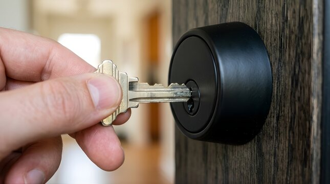 Person inserting metal key into modern black deadbolt door lock at home