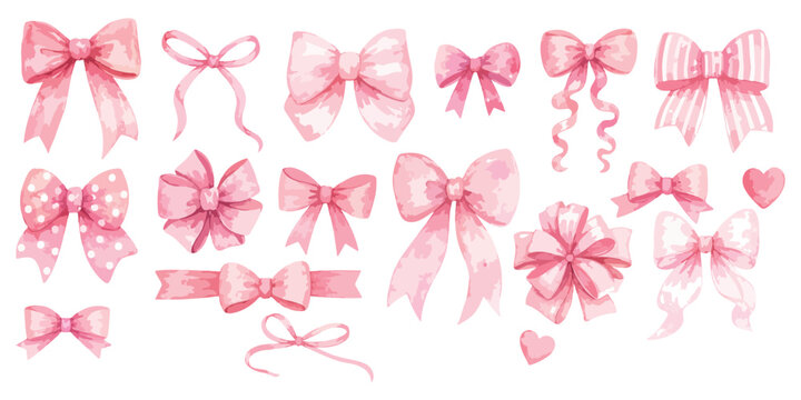 Watercolor Cute Pink Ribbons and Bows Collection Isolated on White Background