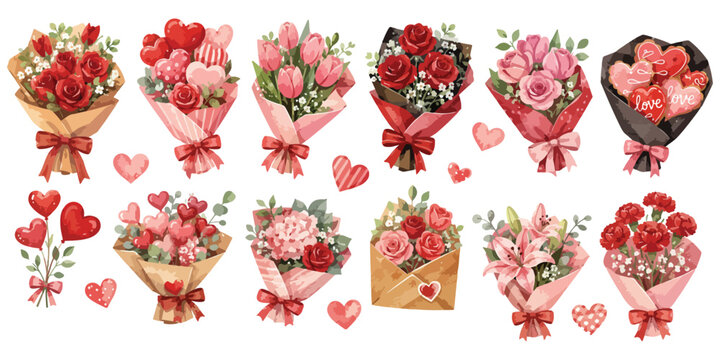 Watercolor Romantic Flower Bouquets and Valentine Elements Set Isolated on White Background