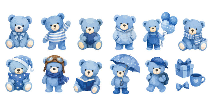 Watercolor Blue Teddy Bear Cute Character Collection Isolated on White Background