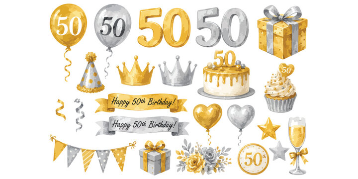 Watercolor Golden and Silver 50th Birthday Party Elements Set Isolated on White Background