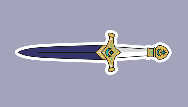 Elegant medieval fantasy dagger sticker illustration with gold and blue ornate details on light purple background.