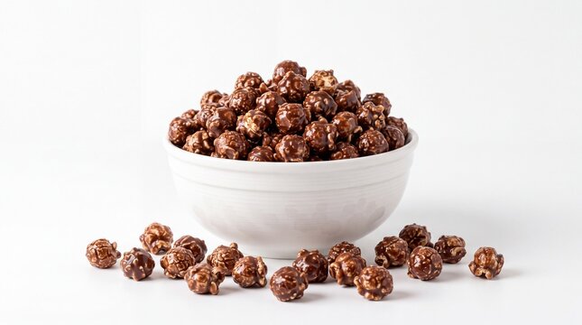 Sweet chocolate glazed popcorn sitting inside ceramic bowl isolated on white background on white background
