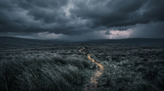 expansive emotional scene depicting anxiety dark tumbling clouds high grass leaning wind far lightning thin luminous path storm cinematic fantasy realist moody blue gray hues symbolic atmospheric
