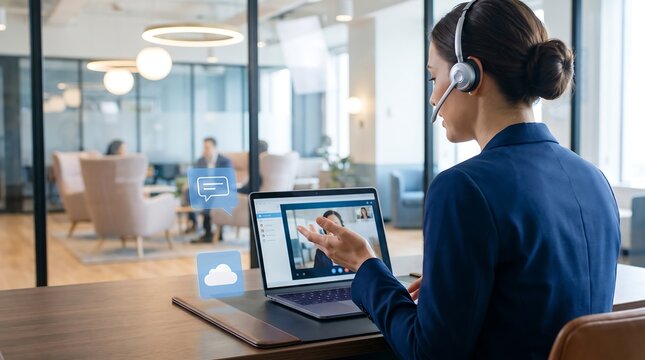Professional customer support agent in headset, business woman on video call in modern office, remote communication concept