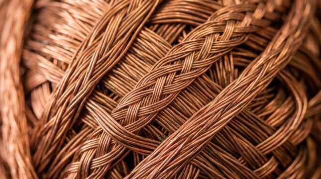 A close up view of intertwined metallic copper wire scrap forming a textured ball, highlighting warm metallic tones and complex braided patterns in a tight, overlapping composition