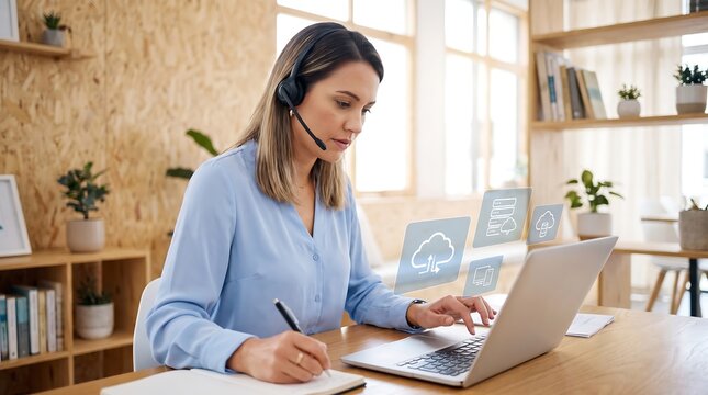 Professional customer support agent with headset using laptop. Remote office worker managing cloud data. Business woman in call center.