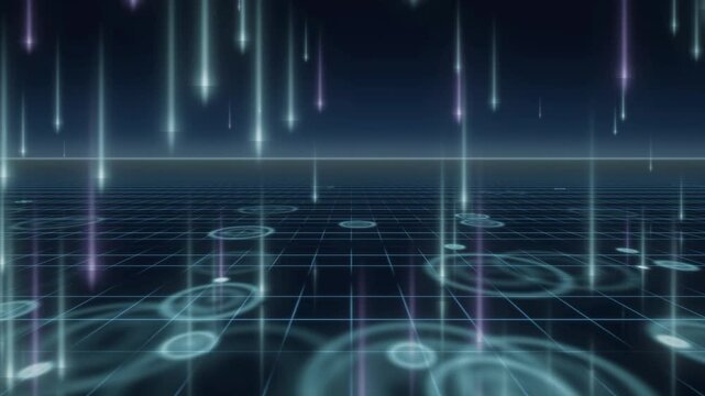 Cyber Rain Light Beams Falling onto Glowing Neon Perspective Grid Floor Abstract Digital Technology Background Seamless Loop in rich cyan tones