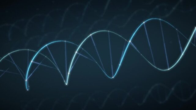 Rotating DNA Double Helix with Glowing Strands and Base Pairs seamless loop in subtle cyan tones