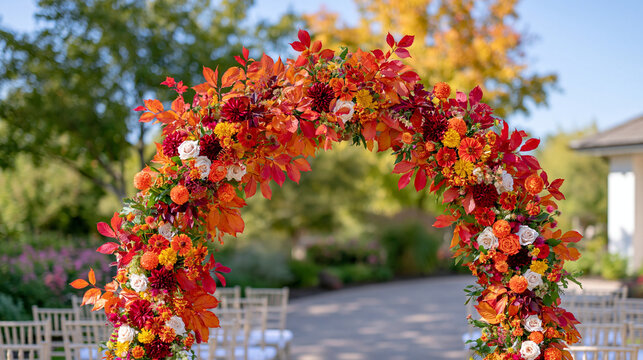 Wide view of an elegant wedding arch decorated with colorful fall foliage and vibrant pom poms in a bright outdoor wedding venue, warm orange red yellow and burgundy seasonal leaves, soft natural da