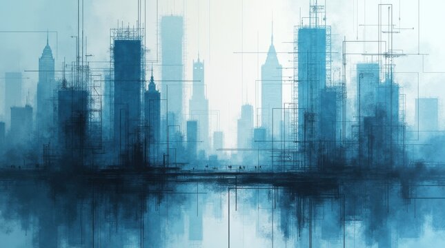 Composici&oacute;n arquitect&oacute;nica abstracta en la que un plano de construcci&oacute;n transl&uacute;cido se cruza con siluetas fragmentadas de rascacielos