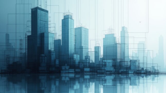 Un plano arquitect&oacute;nico sobre fondo abstracto se entrecruza con siluetas fragmentadas de rascacielos