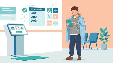 Obraz premium Man in clinic waiting room using tablet, digital queue display