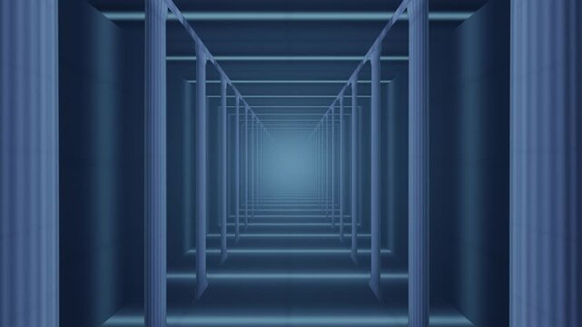 Endless Fluted Stone Colonnade With Light Shafts Between the Pillars, Zoom In Moving Forward, Seamless Loop in soft azure tones
