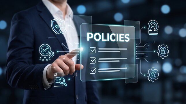 Business professional touching digital policy compliance checklist interface for corporate governance and regulatory standards in a professional office workspace with holographic elements