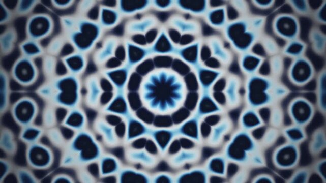 Kaleidoscope mandala mirror symmetric rotating geometric ornament seamless loop in soft sapphire tones