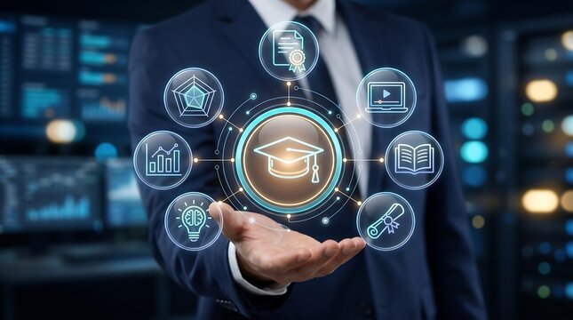 Corporate professional presenting floating holographic education and training icons for digital learning and academic development programs in modern office background