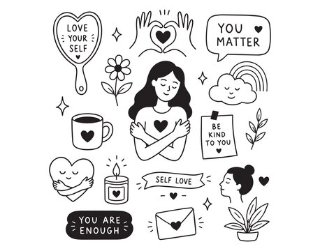 Hand drawn self care doodle icon set with heart hugging woman, mirror, mug, candle, flower, rainbow cloud, and positive affirmation badges in clean outline style