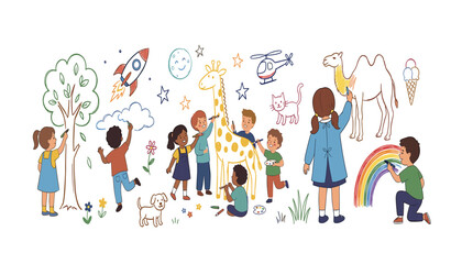 Fototapeta premium Happy diverse children drawing a creative fantasy world with animals giraffe rocket and rainbow vector illustration