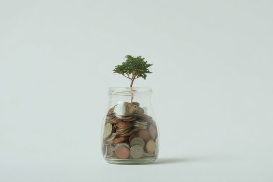 Money saved in a jar with coins and a small tree represents growth and financial planning