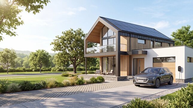 Modern Eco House with Solar Panels and Electric Car