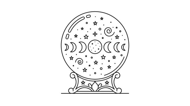 Mystical crystal ball line art, celestial moon phases and stars illustration, occult magic orb on stand, esoteric spiritual icon