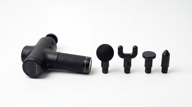 Black handheld electric muscle massage gun with four interchangeable attachment heads displayed on white background