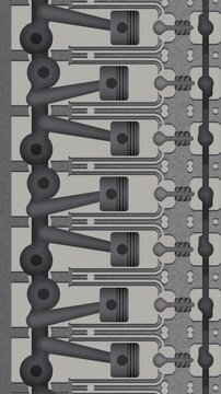 Slow Pan Down an Endless Engine Cutaway With Pistons, Connecting Rods and a Turning Crankshaft, Seamless Loop in subtle graphite tones vertical 9:16