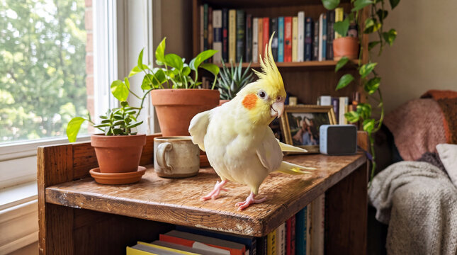 Lutino Cockatiel Perched on Wooden Bookshelf at Home