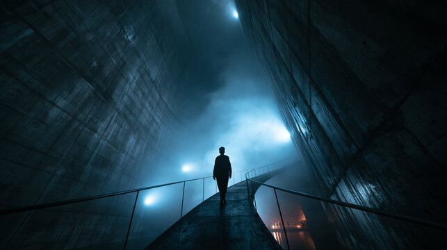 Silhouette of Person Walking on Walkway in Futuristic Concrete Tunnel