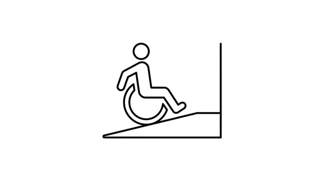 Wheelchair ramp accessibility icon, handicap person on incline symbol, minimalist black line art for public signage