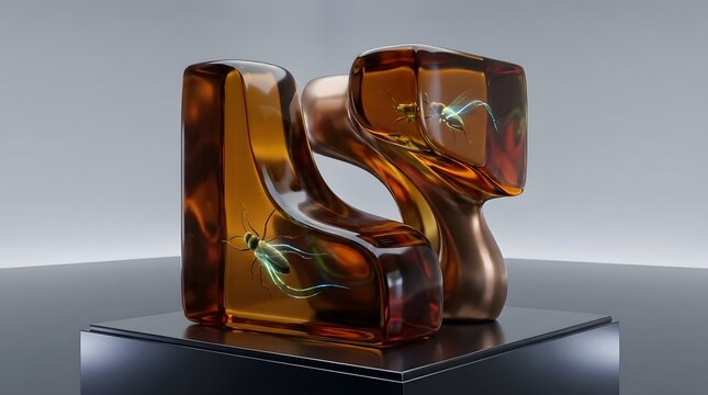 Abstract amber glass sculpture with prehistoric insects trapped inside on black pedestal.