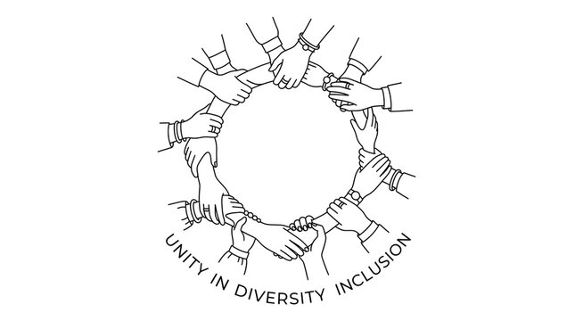 Unity in diversity inclusion concept, diverse hands holding wrists in a circle, minimalist line art for community and teamwork