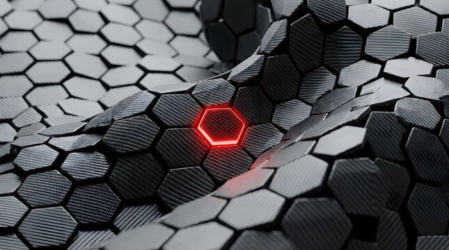Abstract dark carbon fiber hexagonal pattern with single glowing red cell for modern technological and digital backgrounds.