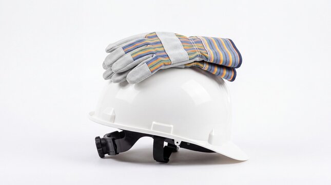 Protective white plastic construction hard hat with striped leather work gloves sitting on white background