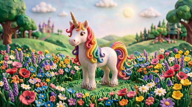 Clay Unicorn with Rainbow Mane Standing in Flower Meadow