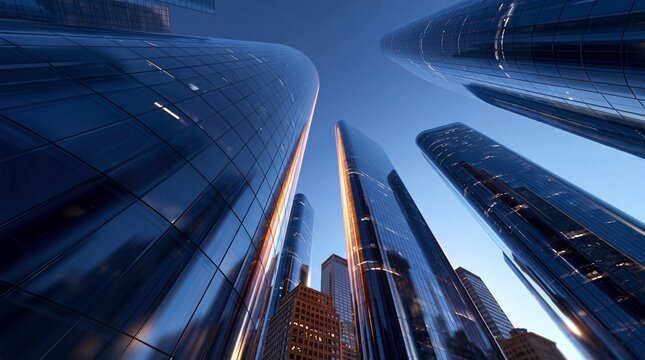 Modern Glass Skyscrapers Low Angle View at Twilight