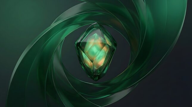 Abstract faceted emerald green crystal gemstone with internal light and swirling green ribbons.