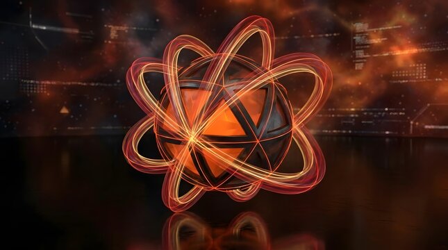 Abstract futuristic atom or core with glowing orange energy orbits in dark digital technology background.